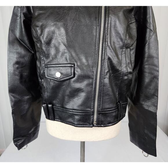 Soncy Moto Faux Leather Jacket Zip Accents Collared Black Women's Size 10 New - Picture 8 of 13